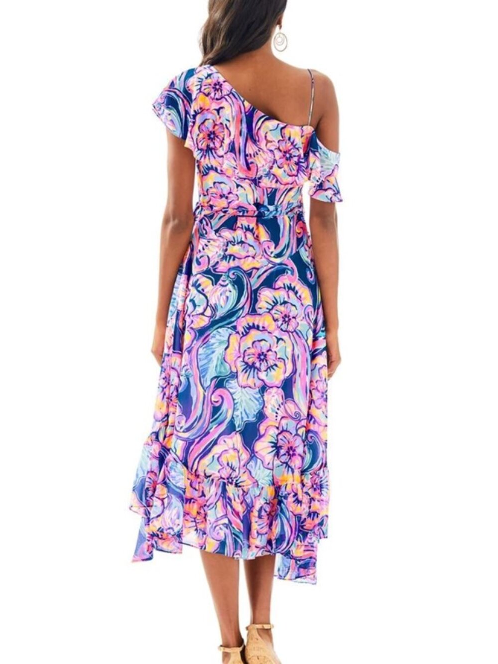 Lilly Pulitzer Marianna Wrap midi Dress Nauti Navy Boho Bateau Floral ruffle S - Picture 2 of 12